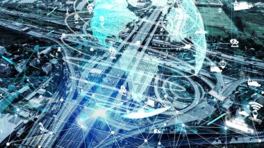 Yeni şehir yolunda gelecekteki araba trafiği için akıllı ulaşım teknolojisi kavramı