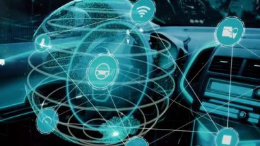 Yeni şehir yolunda gelecekteki araba trafiği için akıllı ulaşım teknolojisi kavramı