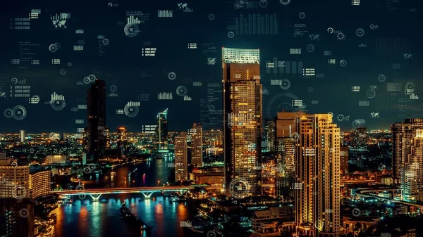 Interface analítica de dados de negócios sobrevoa cidade inteligente mostrando futuro de alteração — Fotografia de Stock