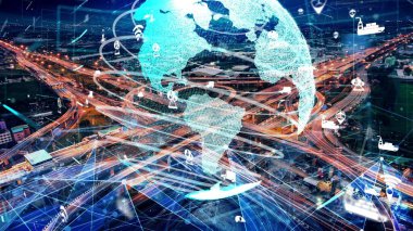 Yeni şehir yolunda gelecekteki araba trafiği için akıllı ulaşım teknolojisi kavramı