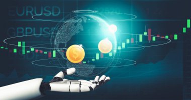 Geleceğin yapay zekası robot yapay zeka kavramını düşünüyor.