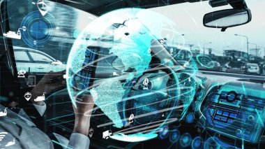 Sürücü koltuğunda konseptli adam olan otonom bir araba.