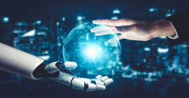 Yapay zeka ve makine öğrenimi AI droid robotu veya cyborg