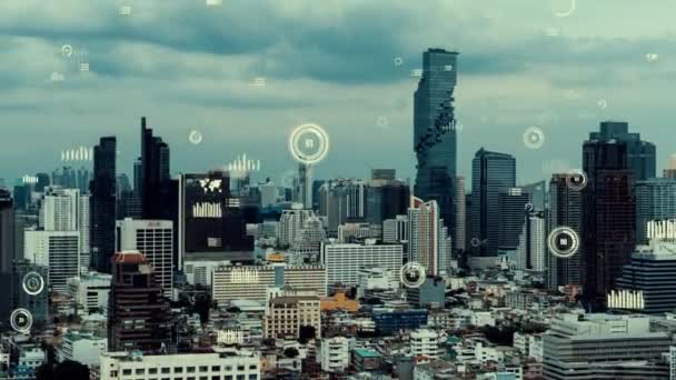 Affärsdata analytiskt gränssnitt flyga över smart stad visar förändring framtid — Stockvideo