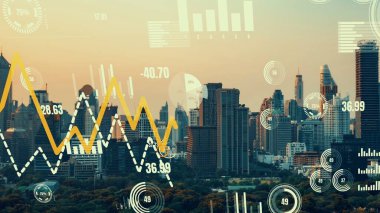 İş verisi analitik arayüzü, geleceği gösteren akıllı şehir üzerinde uçar