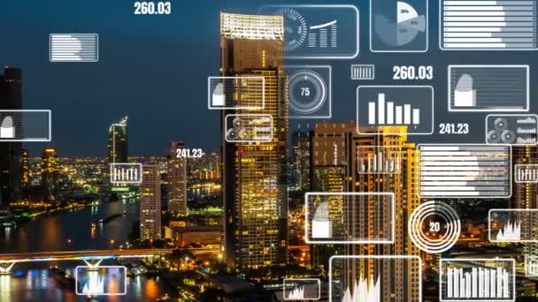 Аналітичний інтерфейс бізнес-даних літає над розумним містом, показуючи майбутнє змін — стокове відео