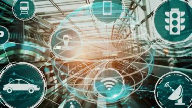 Yeni şehir yolunda gelecekteki araba trafiği için akıllı ulaşım teknolojisi kavramı