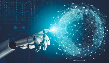 Geleceğin yapay zekası robot yapay zeka kavramını düşünüyor.