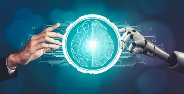 Geleceğin yapay zekası robot yapay zeka kavramını düşünüyor.