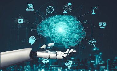 Yapay zeka ve makine öğrenimi AI droid robotu veya cyborg