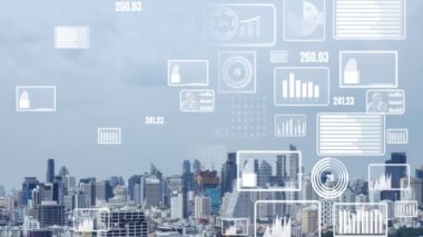 İş verisi analitik arayüzü, geleceği gösteren akıllı şehir üzerinde uçar