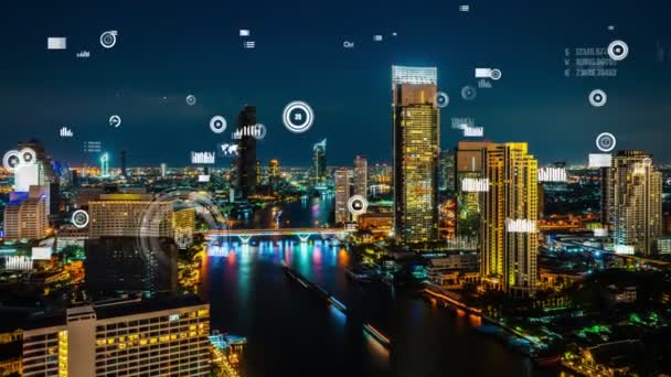Geschäftsdaten analytische Schnittstelle fliegen über Smart City zeigt Veränderung Zukunft — Stockvideo