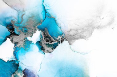 Kağıt üzerinde mermer sıvı mürekkep resminin mavi gümüş soyut arkaplanı .