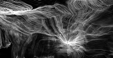 Ağ noktaları ve koyu arkaplanı birbirine bağlayan dijital dokuma çizgilerinin soyut dalgası