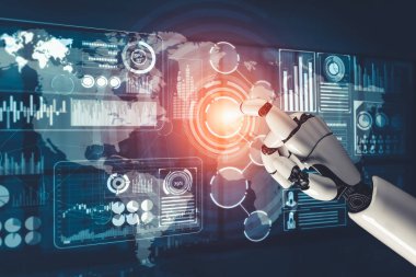 Geleceğin yapay zekası robot yapay zeka kavramını düşünüyor.