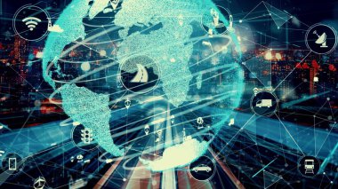 Yeni şehir yolunda gelecekteki araba trafiği için akıllı ulaşım teknolojisi kavramı