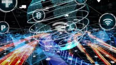 Yeni şehir yolunda gelecekteki araba trafiği için akıllı ulaşım teknolojisi kavramı