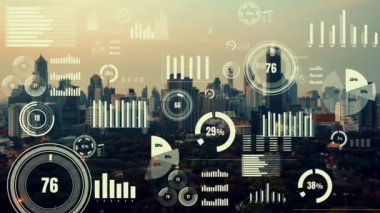 İş verisi analitik arayüzü, geleceği gösteren akıllı şehir üzerinde uçar