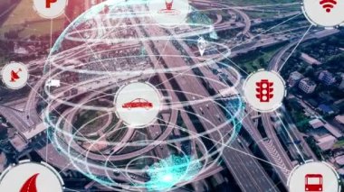 Yeni şehir yolunda gelecekteki araba trafiği için akıllı ulaşım teknolojisi kavramı