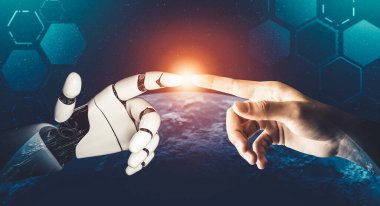 Geleceğin yapay zekası robot yapay zeka kavramını düşünüyor.