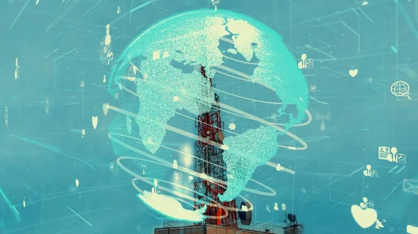 世界的な事業変更の3Dグラフィックと電気通信塔 — ストック写真