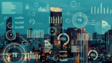 İş verisi analitik arayüzü, geleceği gösteren akıllı şehir üzerinde uçar