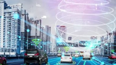 Yeni şehir yolunda gelecekteki araba trafiği için akıllı ulaşım teknolojisi kavramı