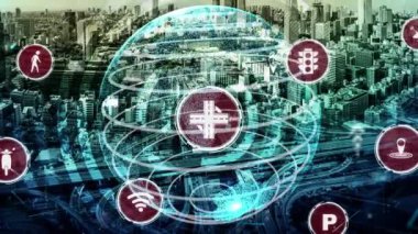 Yeni şehir yolunda gelecekteki araba trafiği için akıllı ulaşım teknolojisi kavramı