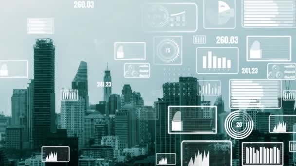 L'interface analytique de données d'affaires survole la ville intelligente montrant l'avenir de l'altération — Video