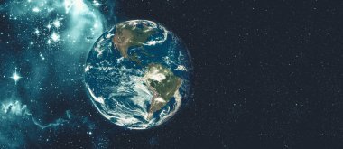 Uzay yolculuğundan Dünya gezegeni görüntüsü ve uzaydan gerçekçi dünya yüzeyi