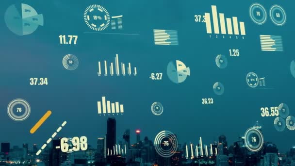 Interfaz analítica de datos empresariales sobrevuelan ciudad inteligente mostrando futuro de alteración — Vídeos de Stock