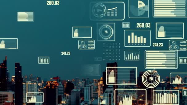 Аналітичний інтерфейс бізнес-даних літає над розумним містом, показуючи майбутнє змін — стокове відео