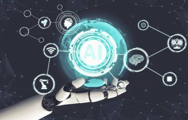 Geleceğin yapay zekası robot yapay zeka kavramını düşünüyor.