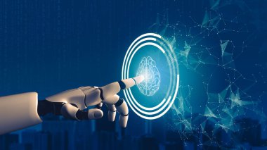Geleceğin yapay zekası robot yapay zeka kavramını düşünüyor.