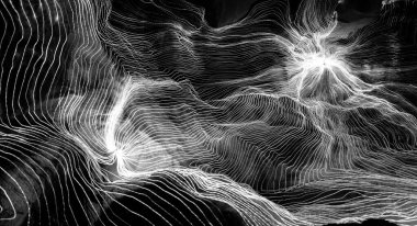 Ağ noktaları ve koyu arkaplanı birbirine bağlayan dijital dokuma çizgilerinin soyut dalgası