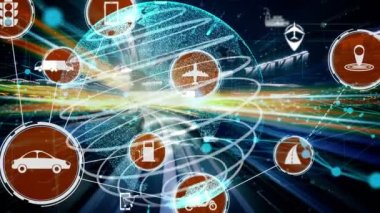 Yeni şehir yolunda gelecekteki araba trafiği için akıllı ulaşım teknolojisi kavramı