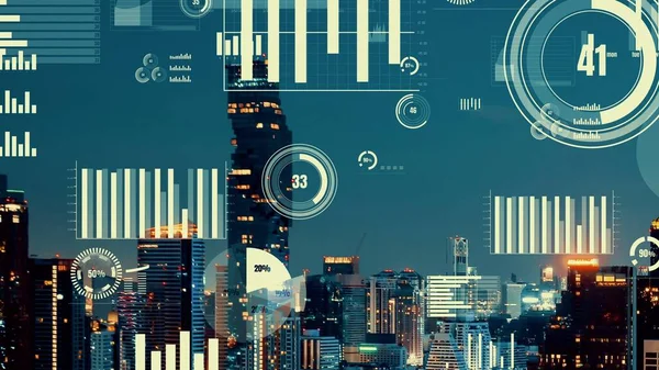 Geschäftsdaten analytische Schnittstelle fliegen über Smart City zeigt Veränderung Zukunft — Stockfoto
