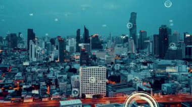 İş verisi analitik arayüzü, geleceği gösteren akıllı şehir üzerinde uçar