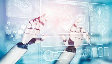Gelecekteki hastanelerde çalışan tıbbi yapay zeka robotu.