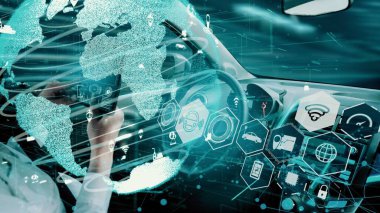 Yeni şehir yolunda gelecekteki araba trafiği için akıllı ulaşım teknolojisi kavramı