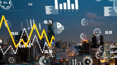 İş verisi analitik arayüzü, geleceği gösteren akıllı şehir üzerinde uçar