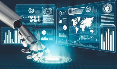 Geleceğin yapay zekası robot yapay zeka kavramını düşünüyor.