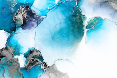 Kağıt üzerinde mermer sıvı mürekkep resminin mavi gümüş soyut arkaplanı .