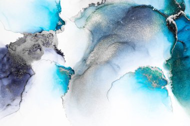 Kağıt üzerinde mermer sıvı mürekkep resminin mavi gümüş soyut arkaplanı .