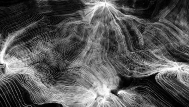 Ağ noktaları ve koyu arkaplanı birbirine bağlayan dijital dokuma çizgilerinin soyut dalgası