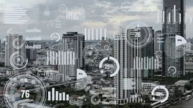 İş verisi analitik arayüzü, geleceği gösteren akıllı şehir üzerinde uçar