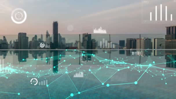 Interfața analitică a datelor de afaceri zboară peste orașul inteligent care arată viitorul modificării — Videoclip de stoc