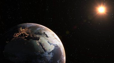 Gerçekçi coğrafya yüzeyi ve yörüngesel 3D bulut atmosferine sahip Dünya gezegeni