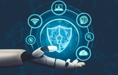 Geleceğin yapay zekası robot yapay zeka kavramını düşünüyor.