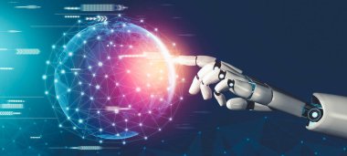 Geleceğin yapay zekası robot yapay zeka kavramını düşünüyor.